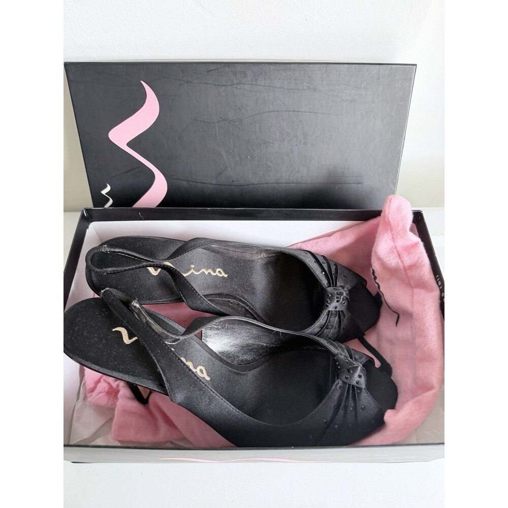 Nina ELZA - LS  Black Silk Peep Toe Sling back 4” Pumps Size
